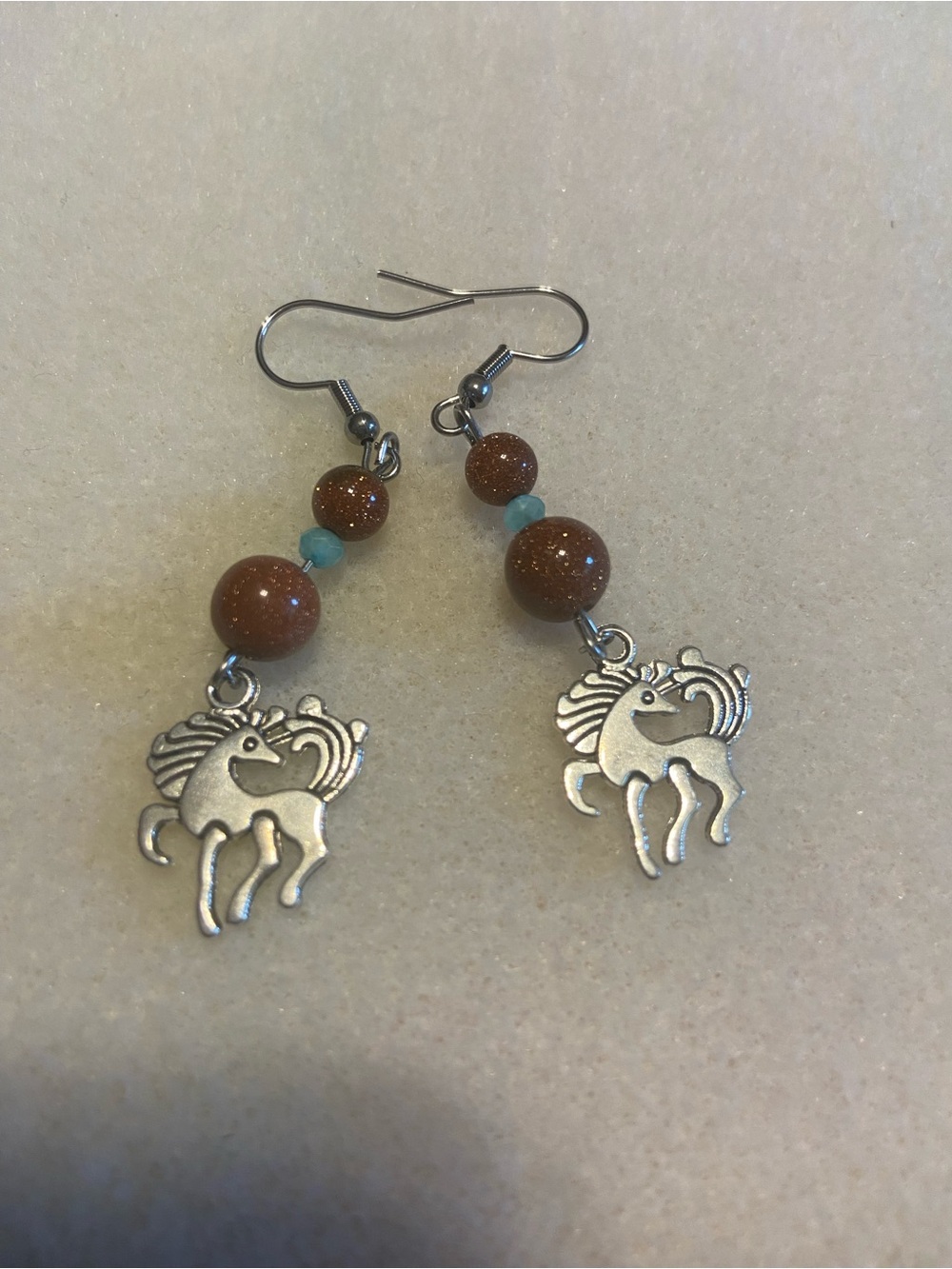 Goldstone and Turquoise Bead Unicorn Drop Earrings